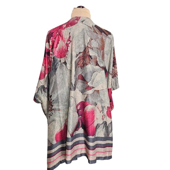 Chico's Floral Kimono Pink Gray Sweater Cardigan Bloomcore Outerwear XL Mature - Picture 2 of 11